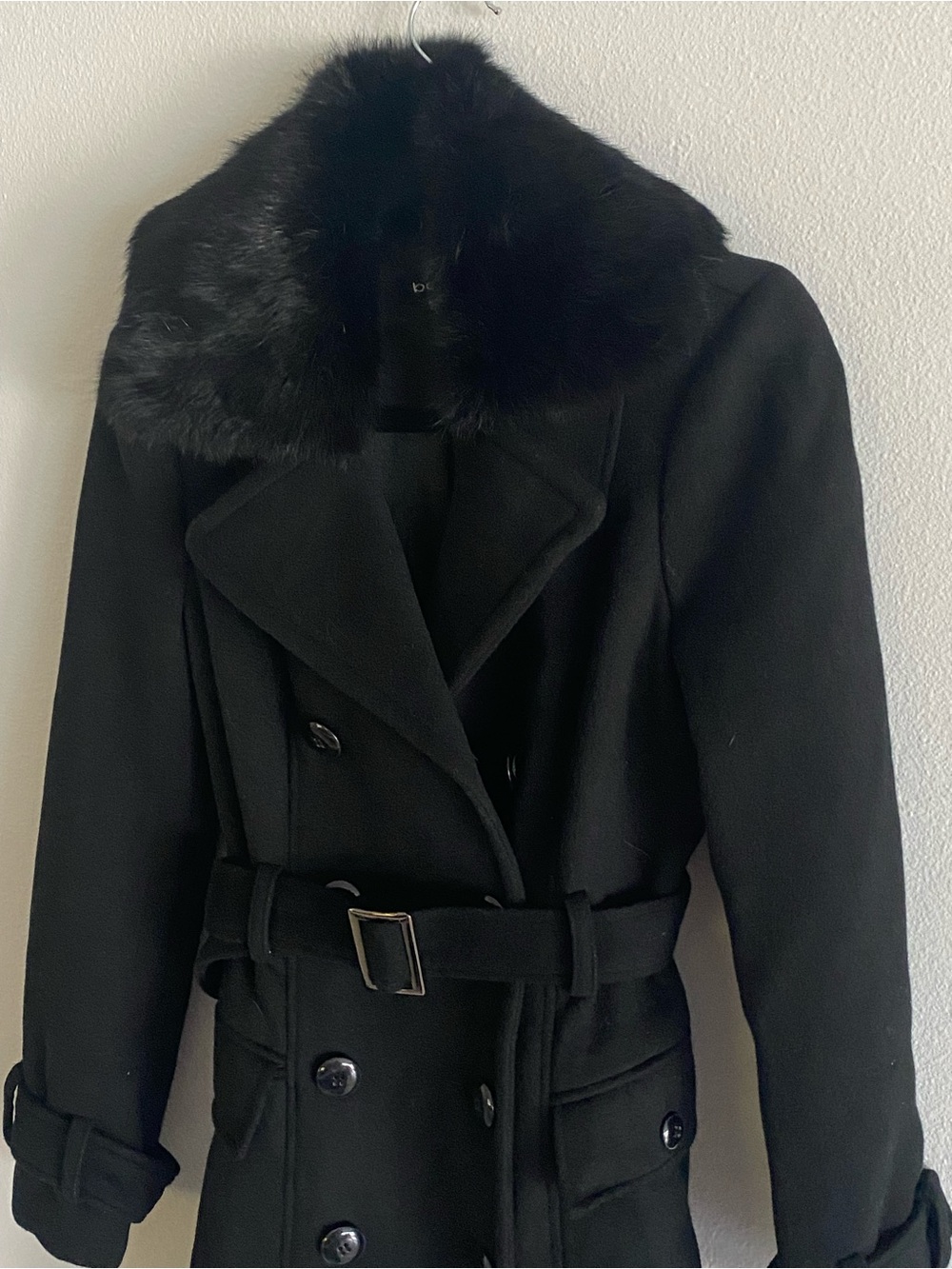 bebe Black Double-Breasted Trench Coat with Faux Fur Collar - Picture 3 of 9
